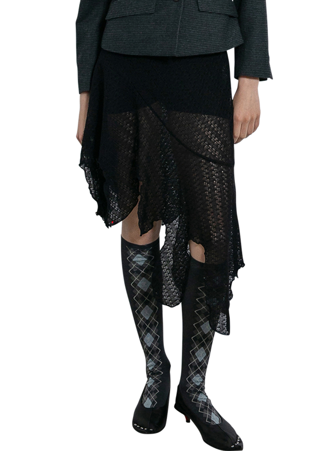 Knit Lace Jagged-hem Skirt 詳細画像 Black 1